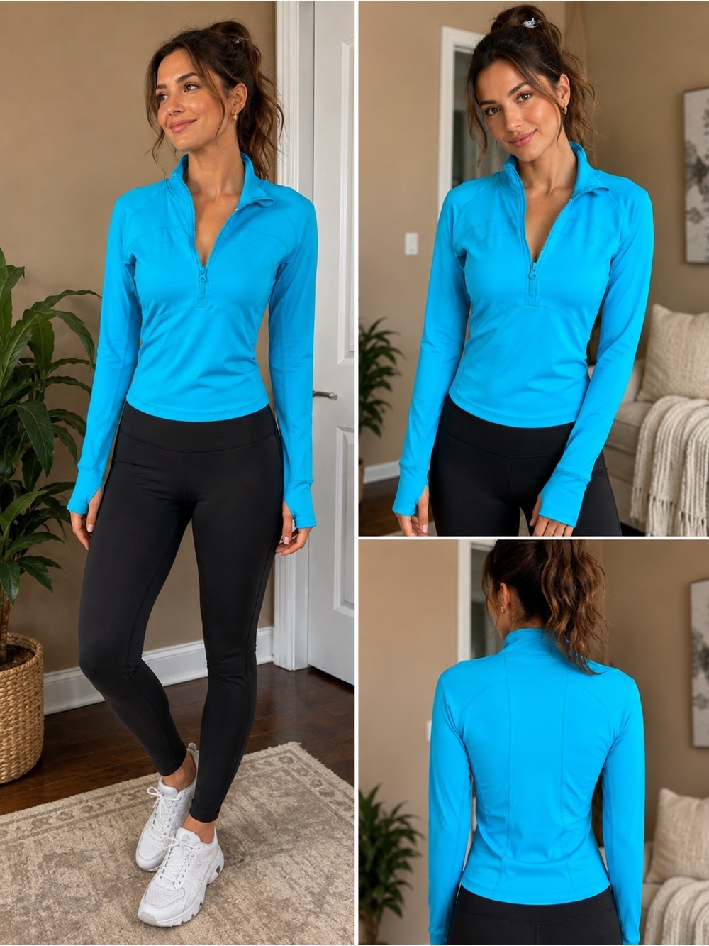Composition Half-Zip Active Pullover Top - Bright Turquoise Size Small A340